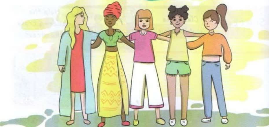 Five girls standing together, arm in arm